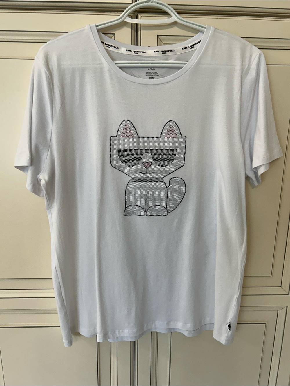 Karl Lagerfeld White Cat Graphic Tee with Rhinestone Accents NWT